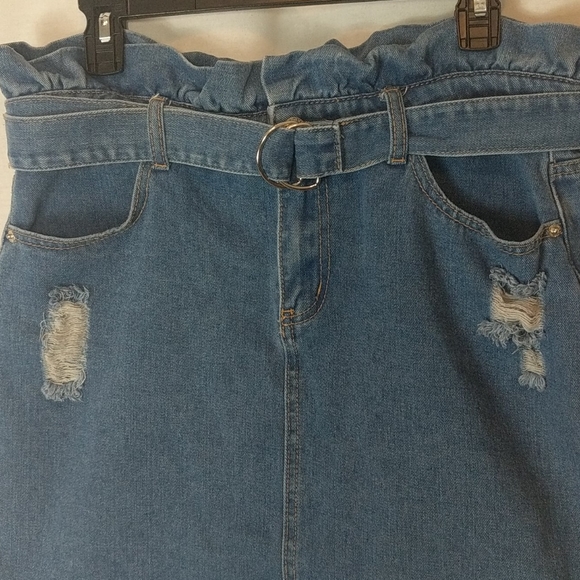 Denim BLVD Paperbag Waist Distressed Denim Skirt - Picture 2 of 6